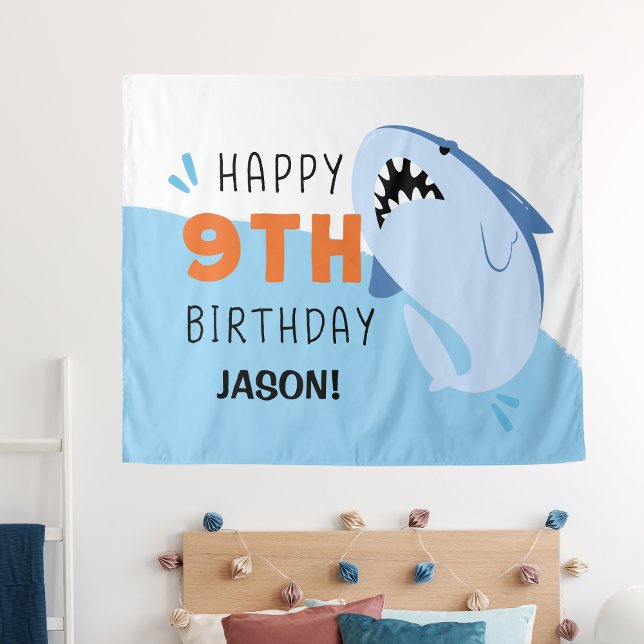 Tenture Fond personnalisé pour les 9 ans de Shark pour enf (Shark Custom Kids 9th Birthday Backdrop
)