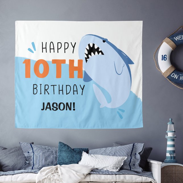 Tenture Fond personnalisé requin pour les 10 ans des enfan (Shark Personalized Kids 10th Birthday Backdrop
)