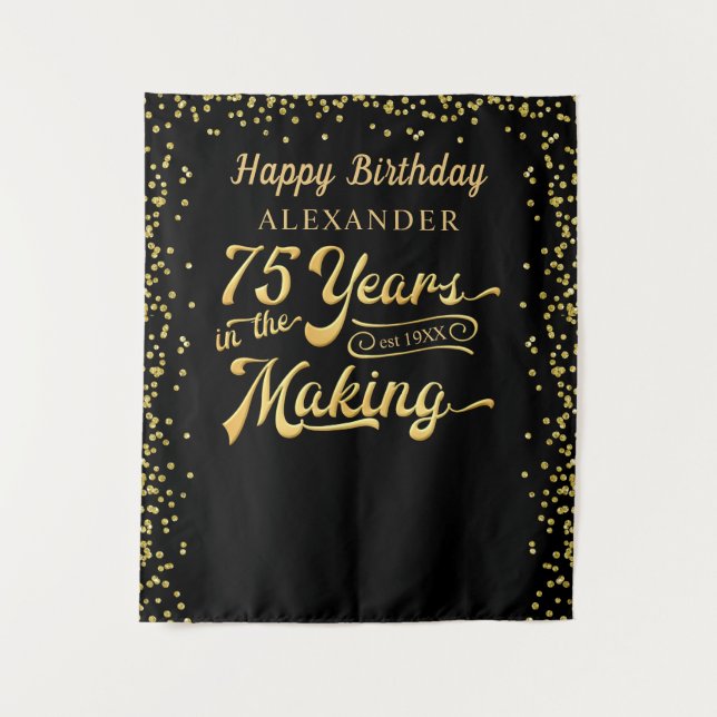 Tenture Fond pour 75e anniversaire Confettis noirs et or (Devant)