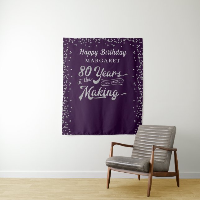 Tenture Fond pour 80e Anniversaire Confettis Violet Argent (En situation)