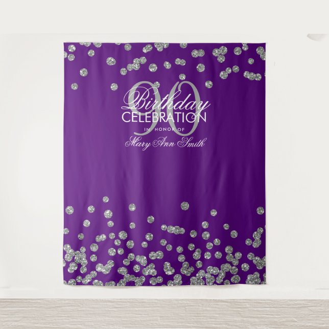 Tenture Fond pour 90e anniversaire confettis argent violet (Devant)