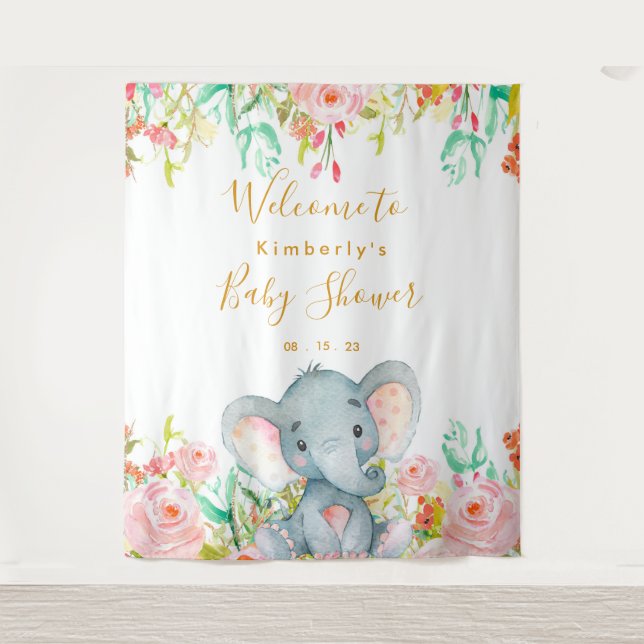 Tenture Fond pour Baby Shower Fille Éléphant (Devant)