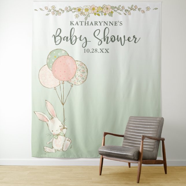 Tenture Fond pour Baby Shower Floral avec Ballons Lapin Vi (En situation)