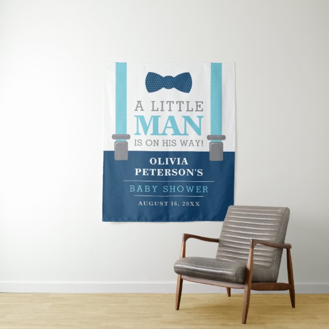 Tenture Fond pour Baby Shower Little Man, Bleu marine, Ble (En situation)