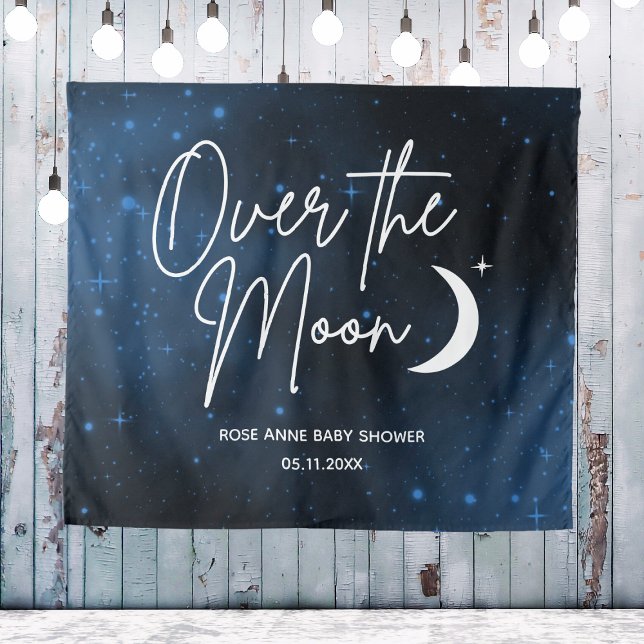 Tenture Fond pour Baby Shower « Over The Moon » Nom Date (Over The Moon Backdrop Name Date Baby Shower
)