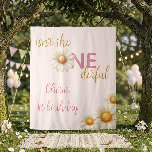 Tenture Fond pour le 1er Anniversaire de Daisy N'est-elle  (Daisy 1st Birthday Backdrop Isn't She ONEderful Tapestry)