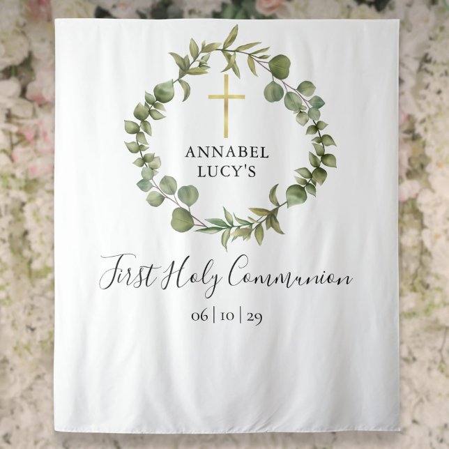 Tenture Fond pour photo de première communion verte (First Holy Communion Greenery Photo Backdrop)