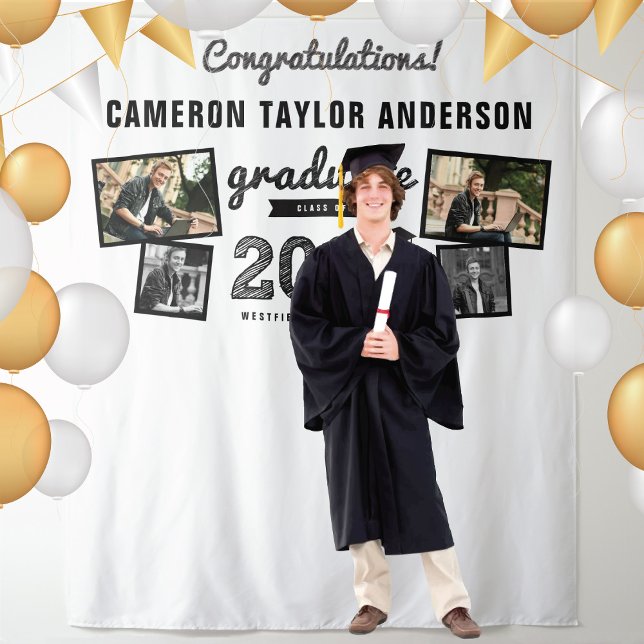 Tenture Fond pour photos de remise de diplômes pour les ét (2024 Black Sketch Graduation Party 4 Photo Backdrop by fat*fa*tin @ www.zazzle.com/color_therapy)