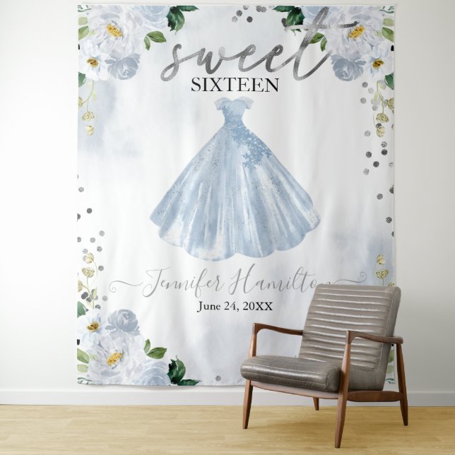 Tenture Fond pour Sweet 16 Robe Rose Fleurie Bleue (En situation)