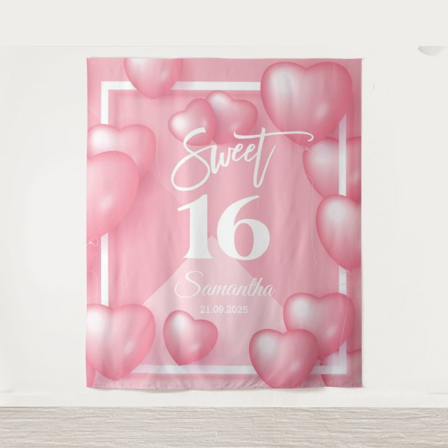Tenture Fond pour sweet sixteen 16 ans ballons roses (Devant)