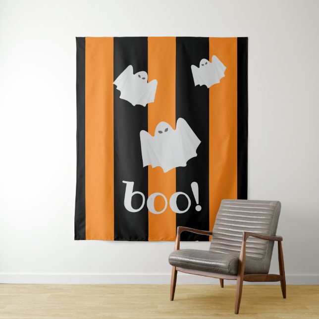 Tenture Fond rayé orange et noir avec fantôme mignon pour  (En situation)