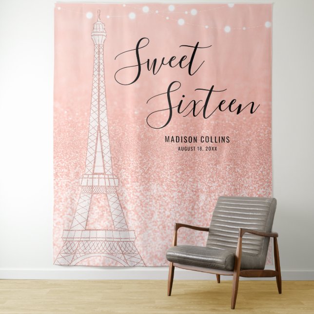 Tenture Fond Rose Gold Glitter Lights Sweet 16 Paris (En situation)
