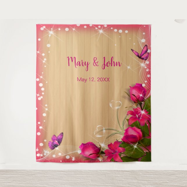 Tenture Fond rustique en bois à fleurs roses papillon (Devant)