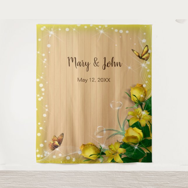 Tenture Fond rustique en bois avec papillon floral jaune (Devant)