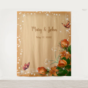 Tenture Fond rustique en bois avec papillon floral orange