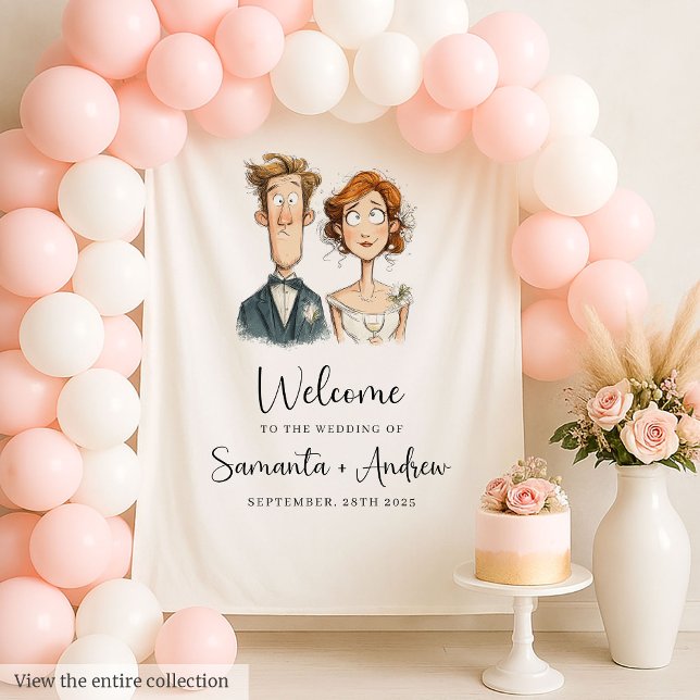 Tenture Fonds de mariage pour jeunes mariés drôles et exce (Funny Quirky Newlyweds Wedding Backdrop Watercolor)