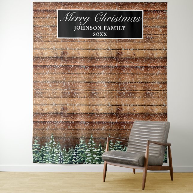 Tenture Forêt de bois neigeux Joyeux Noël Photo Arrière -  (En situation)