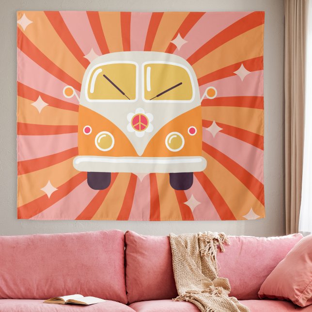 Tenture Fourgon Hippie Groovy Rose et Orange Rétro des ann (Groovy Hippie Van Pink & Orange 60s Retro Tapestry party backdrop decoration college dorm room decor)