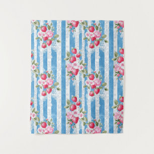 Tenture Fraises vintages et fleurs sur bandes bleues
