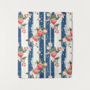 Tenture Fraises vintages et fleurs sur bandes bleues (2)