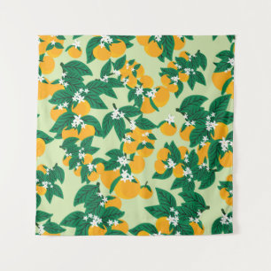 Tenture Fruit orange : motif vintage vert.