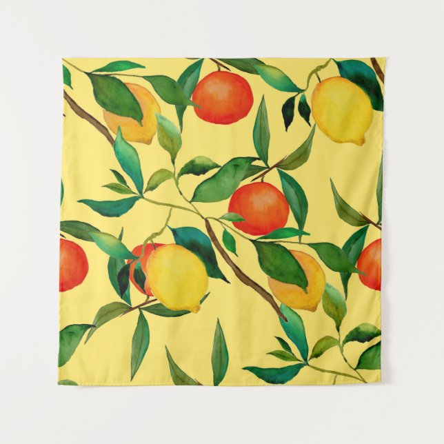 Tenture Fruits d'agrumes, motif d'aquarelle vibrante. (Devant)