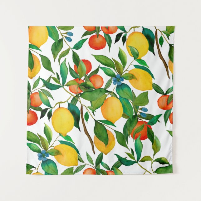 Tenture Fruits d'agrumes, motif d'aquarelle vibrante. (Devant)