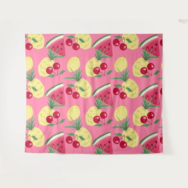 Tenture Fruits juteux sur un fond rose-rouge. (Devant (Horizontal))