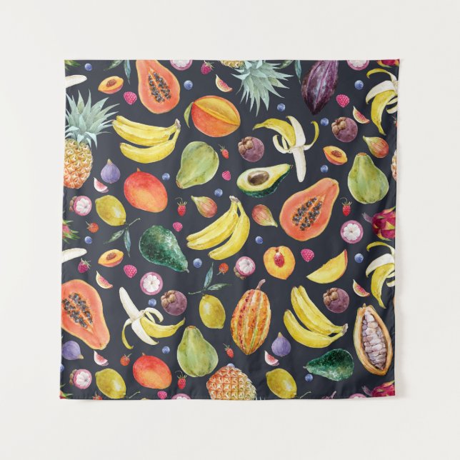 Tenture Fruits tropicaux : Aquarelle Motif Multifruit. (Devant)