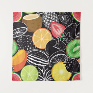 Tenture Fruits tropicaux colorés, fond noir.