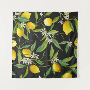 Tenture Fruits vintages au citron et fleurs sur fond foncé