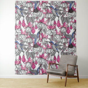Tenture Fuchsia et colibris blancs