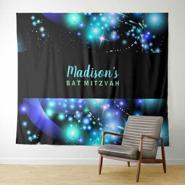 Tenture GALAXIE ÉTOILES ÉTOUFFÉES Fond de Bat Mitzvah (En situation (horizontale))