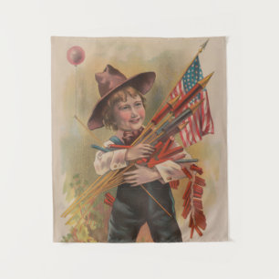 Tenture Garçon avec Feux d'Artifice, Drapeau Américain, Im