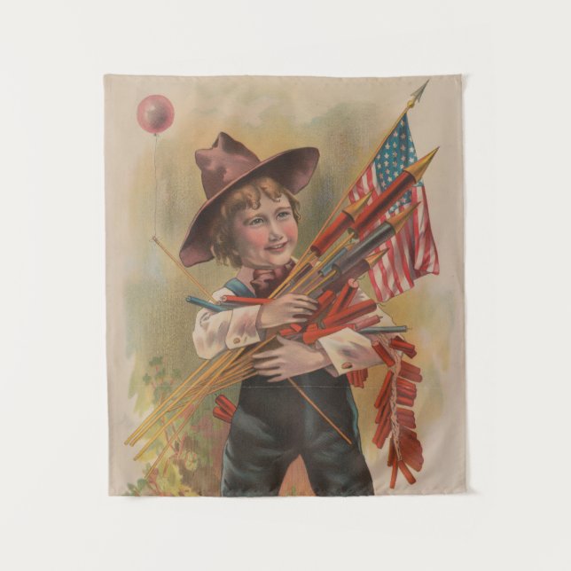 Tenture Garçon avec Feux d'Artifice, Drapeau Américain, Im (Devant)