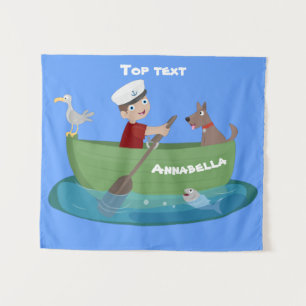 Tenture Garçon marin mignon et chien en barque dessin anim