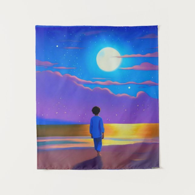 Tenture Garçon sur la plage, regardant la lune (Devant)