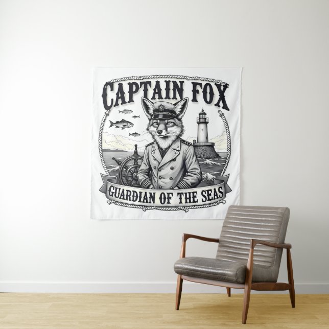Tenture Gardien des Mers Capitaine Renard Dessin Nautical (En situation)