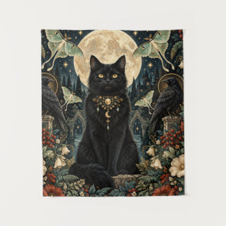 Tenture Gato Negro Gótico Celestial con Luna y Cuervos.
