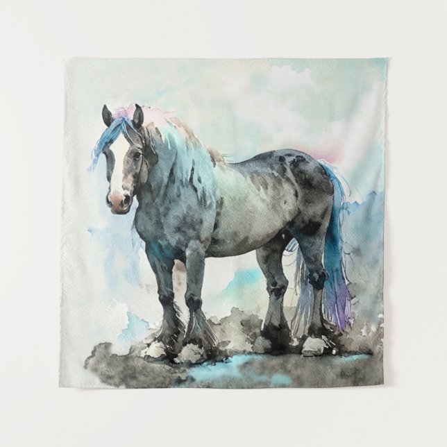 Tenture Gentil Cheval de Trait Shire Aquarelle Bleu (Devant)