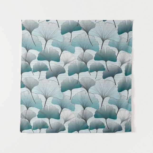 Tenture Gingko biloba bleu motif sans soudure.  (Devant)