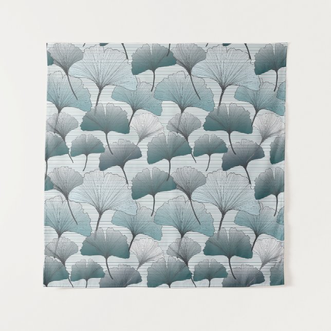 Tenture Gingko biloba, motif bleu sans soudure. (Devant)