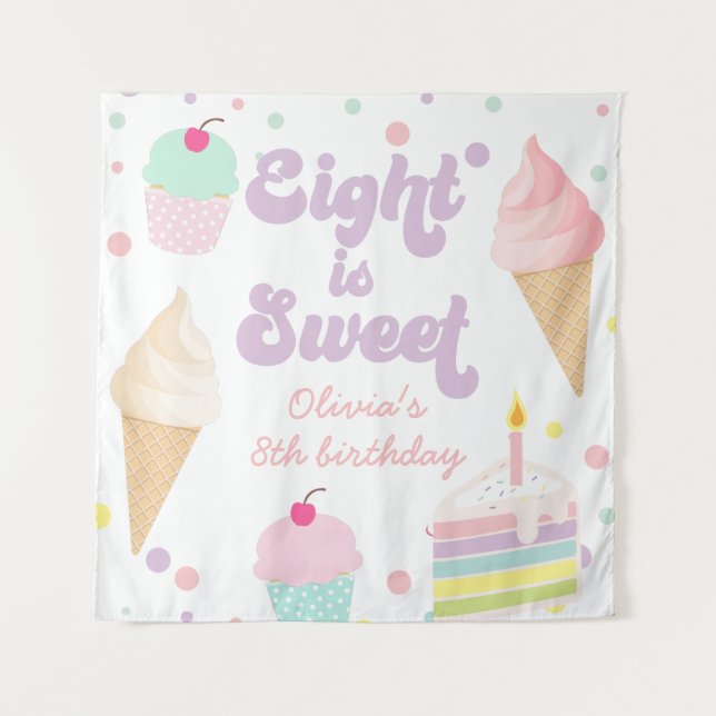 Tenture Glace et gâteau Eight est un 8ème anniversaire dou (Devant)