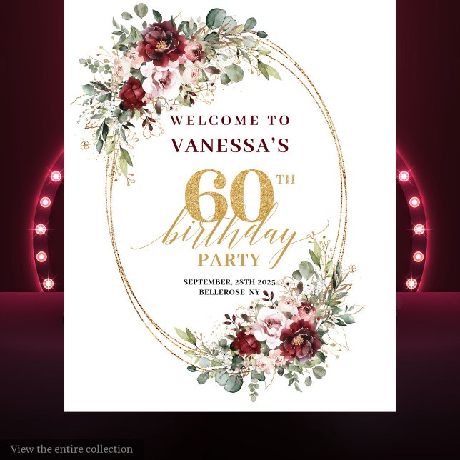 Tenture Glam Boho Burgundy Gold Floral 60th Birthday Prop (Glam Boho Burgundy Gold Floral 60th Birthday Backdrop)