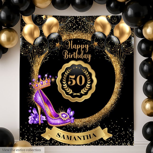 Tenture Glam Purple High Heels Gold 50e fête d'anniversair (Glam Purple High Heels Gold 50th Birthday Party Tapestry)