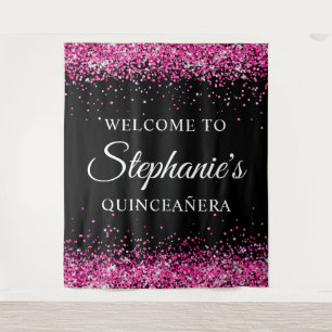 Tenture Glitter Rose Chaud Bienvenue à la Quinceañera Noir