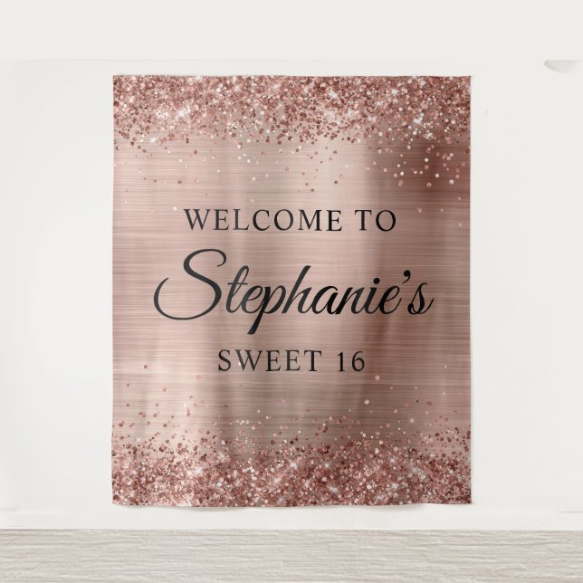 Tenture Glittery Rose Gold Foil Bienvenue à Sweet 16 (Devant)