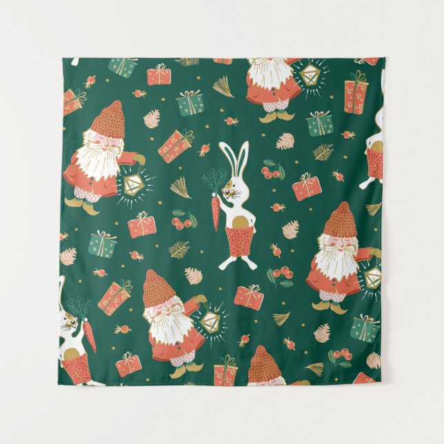 Tenture Gnomes de Noël, Motif de vacances de lapin. (Devant)