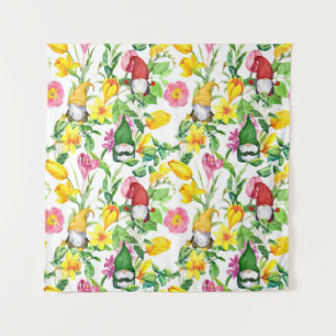 Tenture gnomes scandinaves : aquarelle fleurie printanière