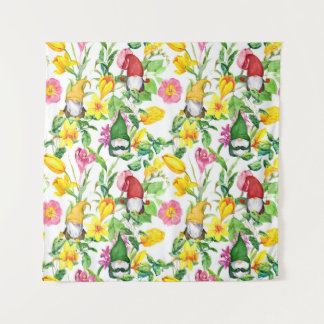 Tenture gnomes scandinaves : aquarelle fleurie printanière